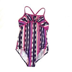 Lands End pink and purple vertical stripe one piece swimsuit size 12+